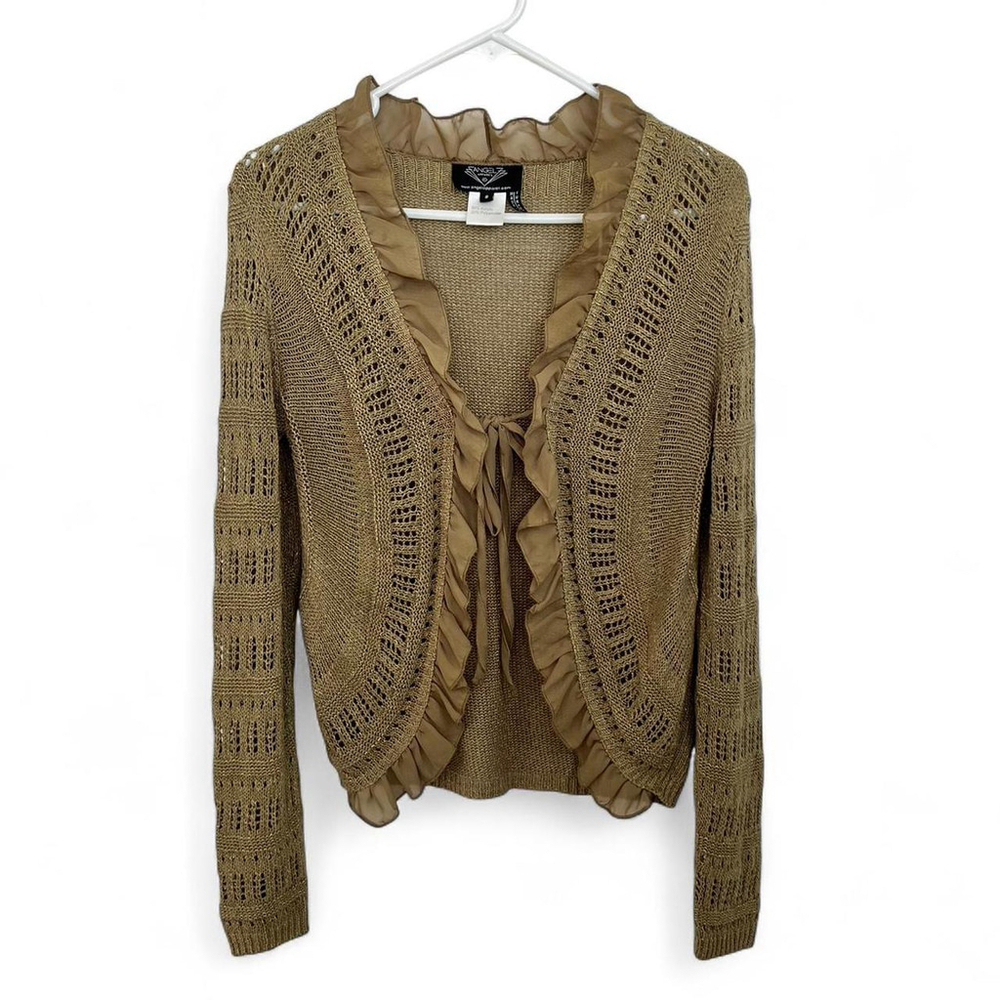 Angel Apparel Tan Crotchet Knit Cardigan with Ruffle Detail - S - Picture 4 of 4